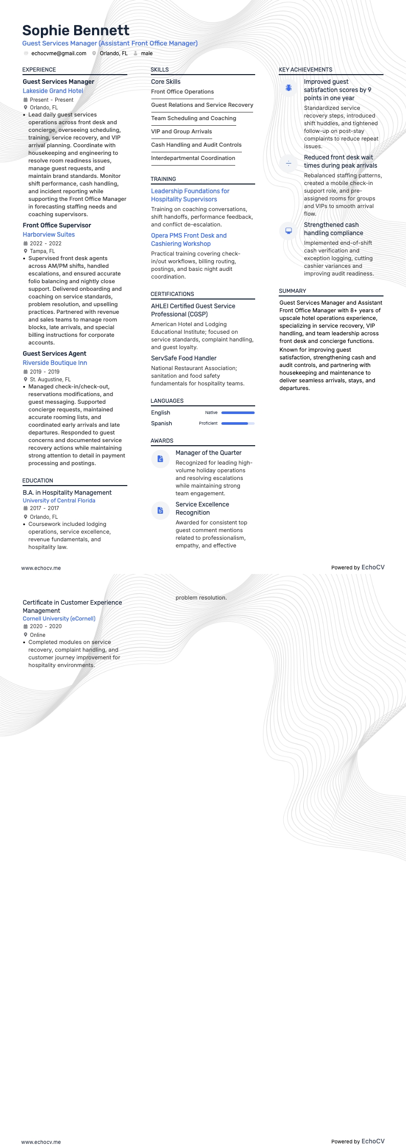 Trợ lý quản lý bộ phận tiền sảnh resume example