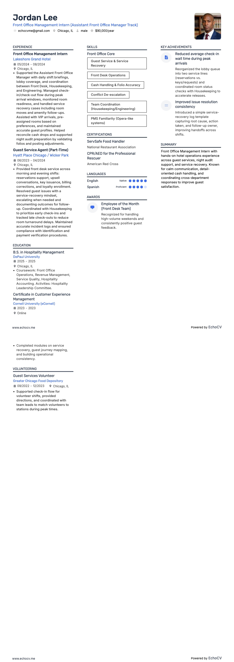 Thực tập sinh quản lý lễ tân example resume