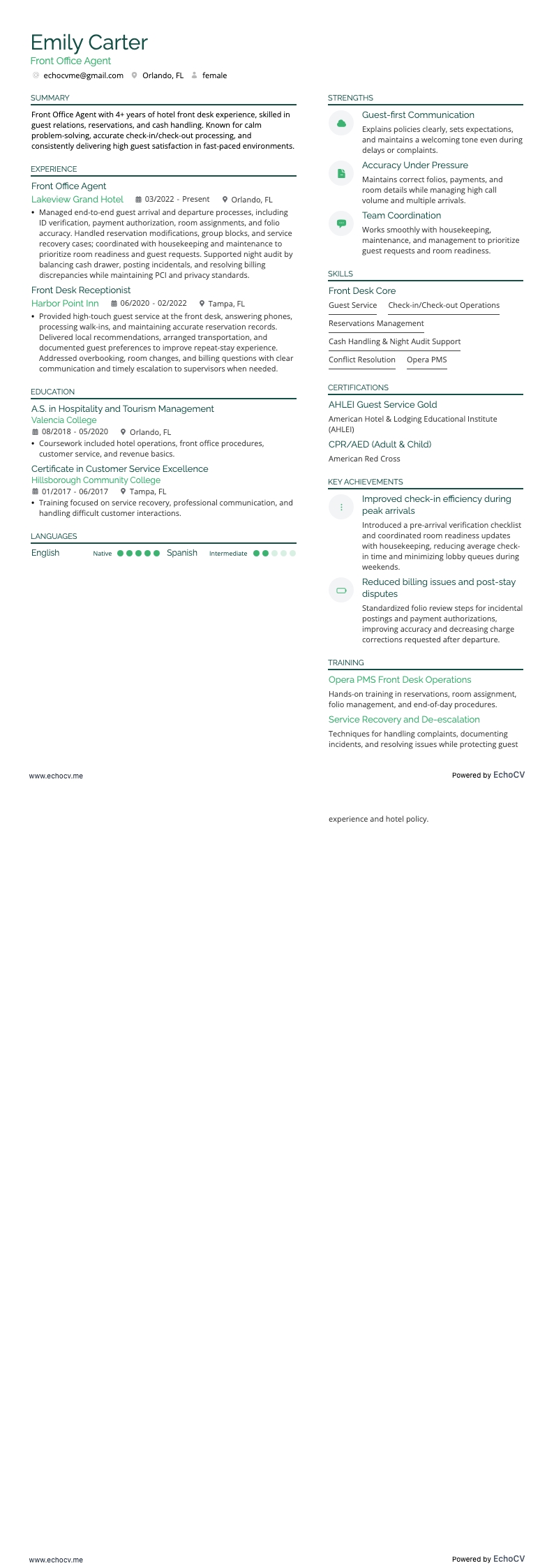 Hotellreceptionist resume example