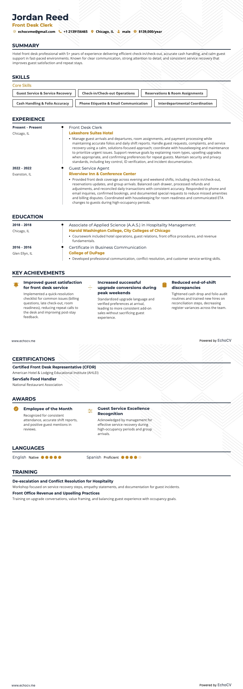 Front Desk Clerk example resume
