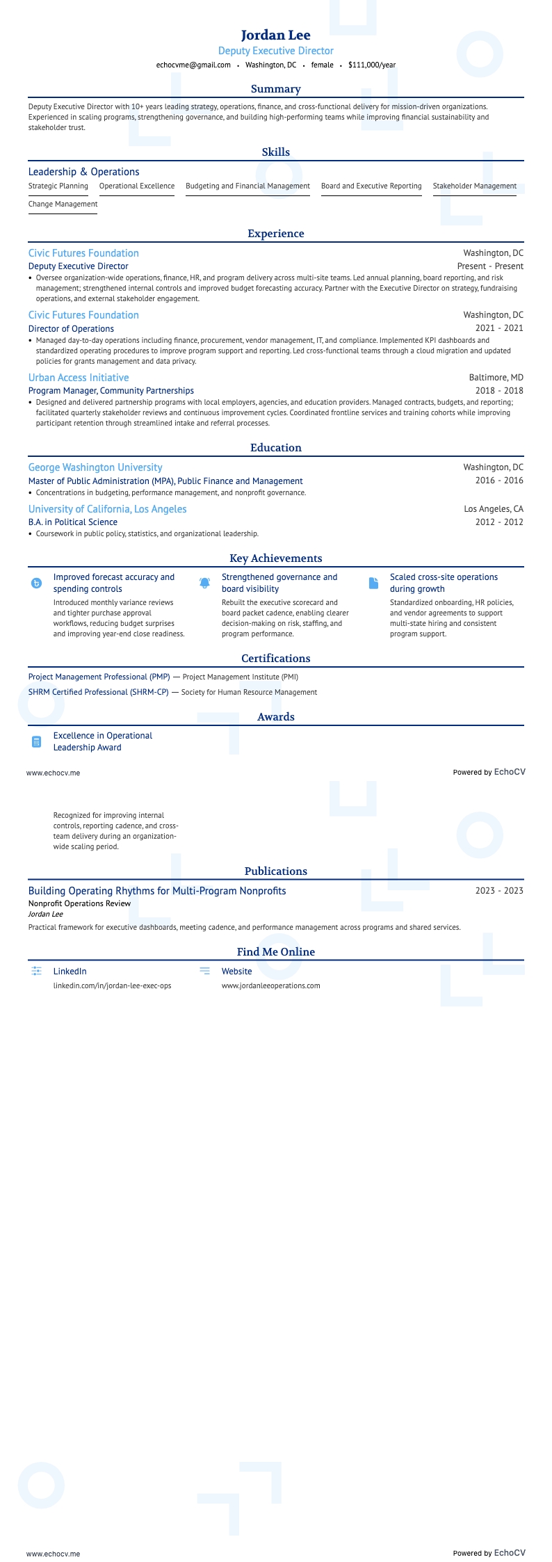 Phó giám đốc điều hành example resume