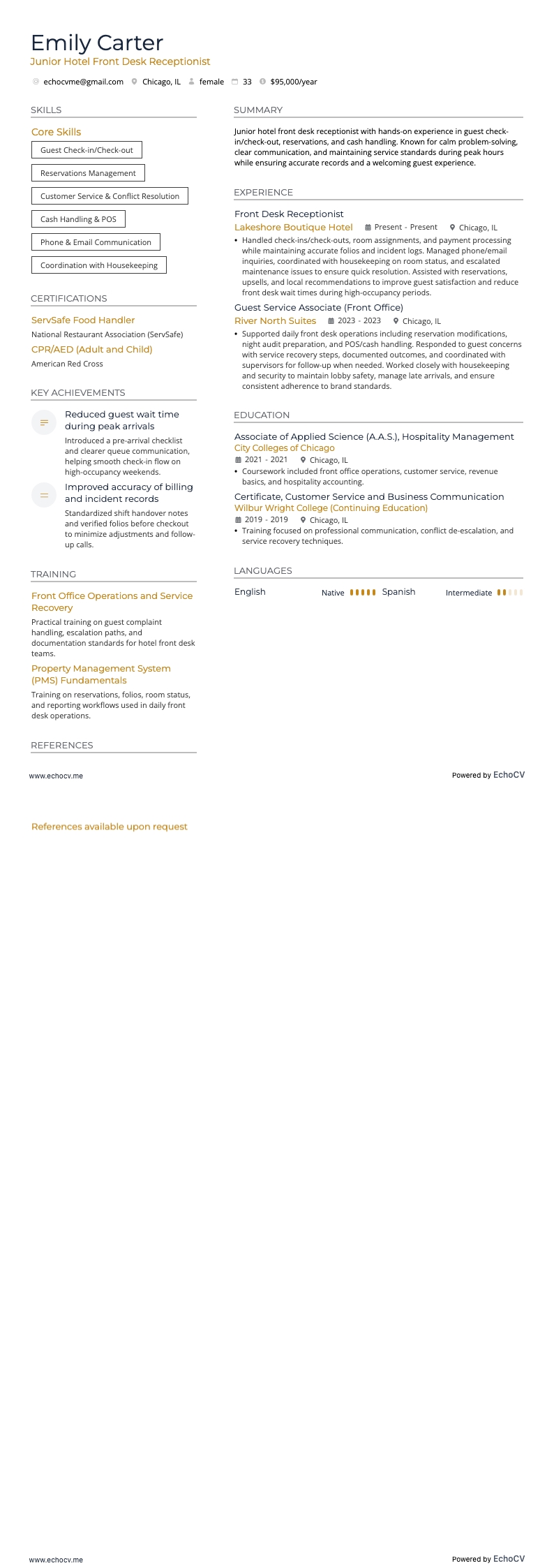 주니어 호텔 프런트 데스크 리셉셔니스트 resume example