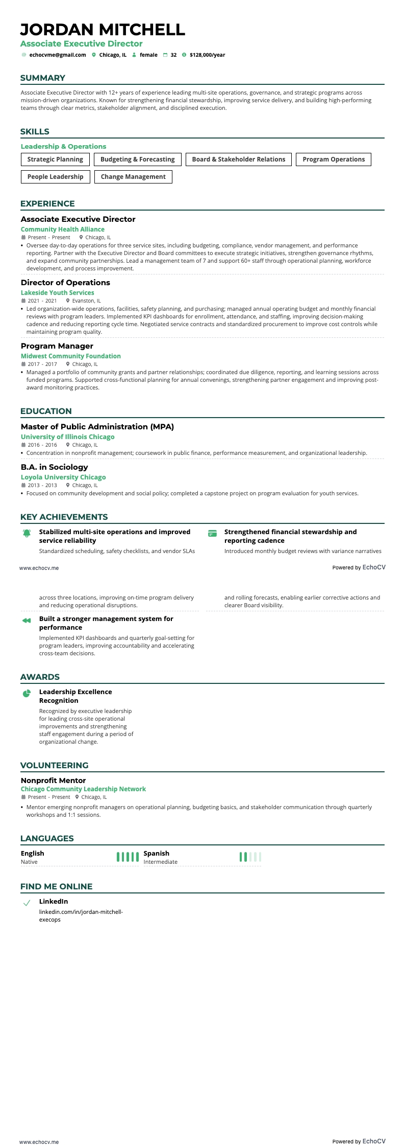 Phó Giám đốc Điều hành example resume