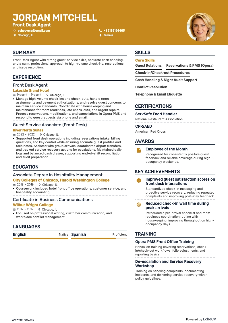 Front Desk Agent example resume