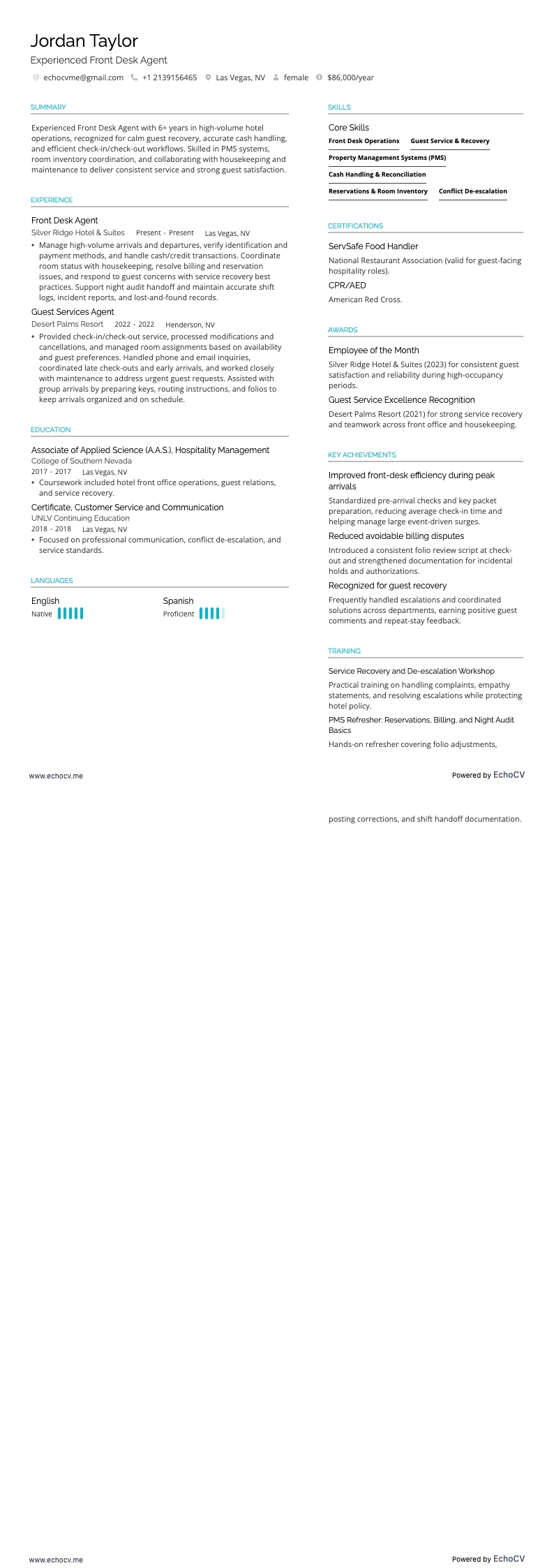 Front Desk Agent resume example