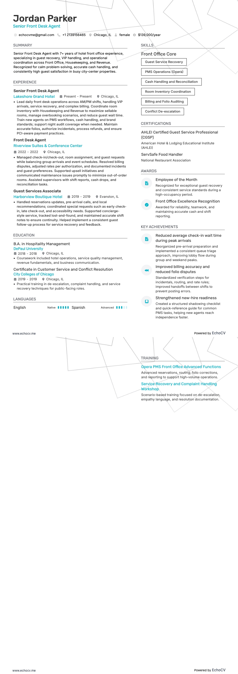 Senior Front Desk Agent example resume