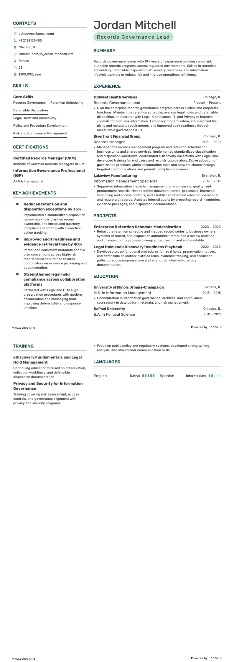 Líder de Governança de Registros example resume