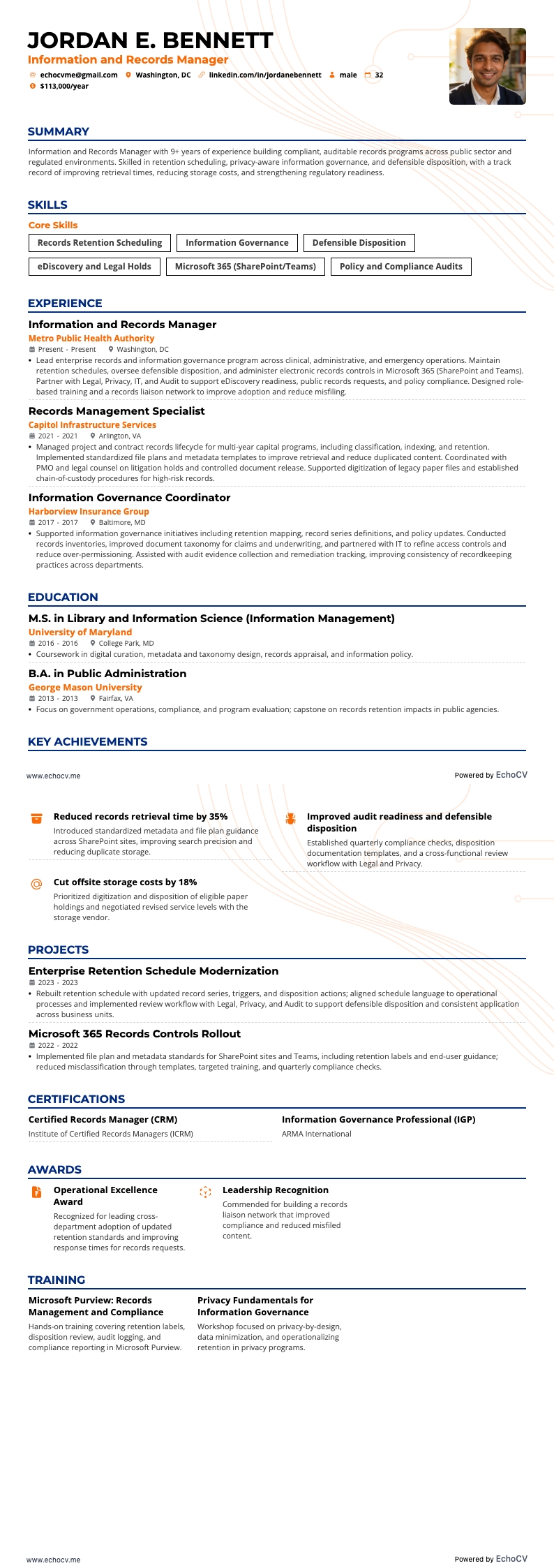 Gerente de Informação e Registros example resume