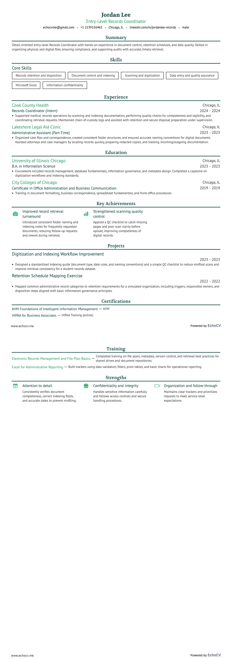 Coordenador(a) júnior de registros example resume