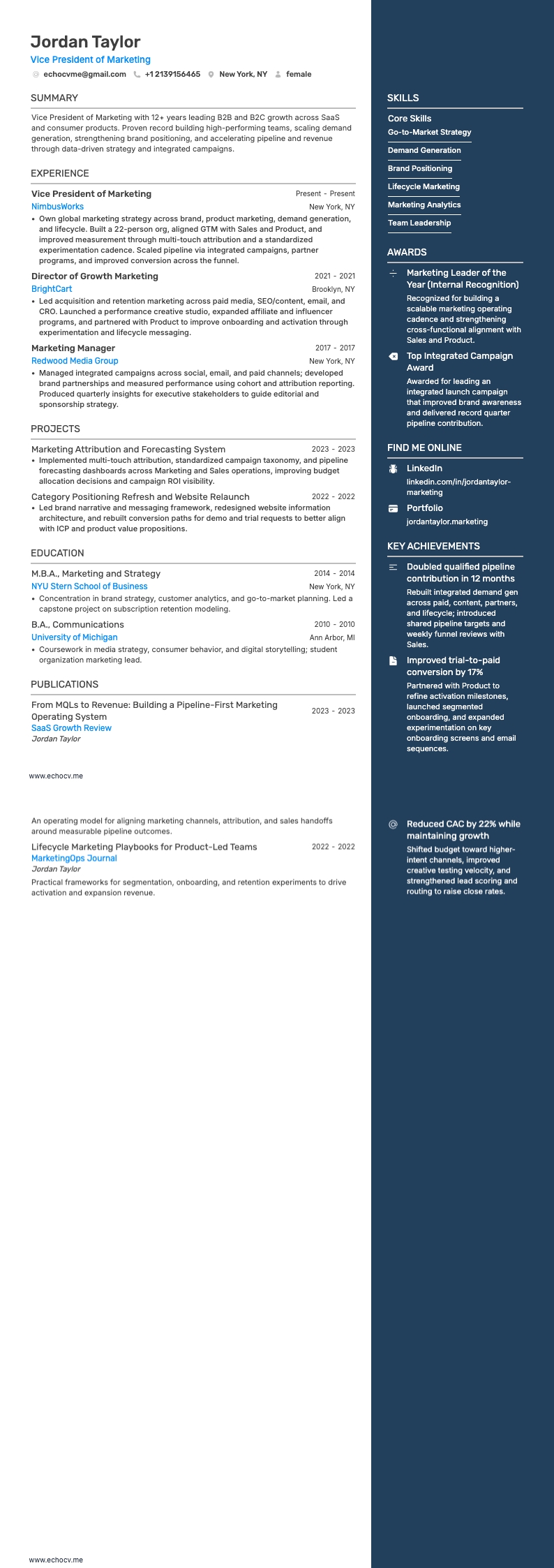 부사장 resume example