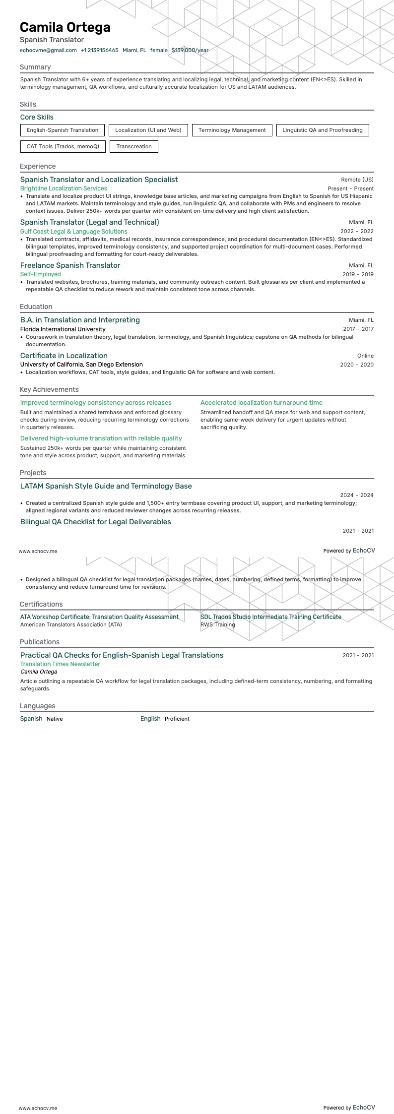 Spanish Translator example resume