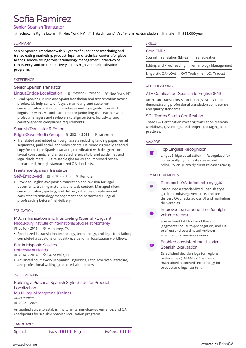 Senior Spanish Translator example resume