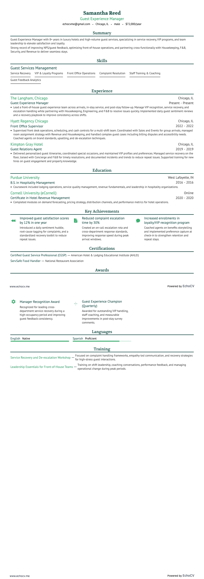 Guest Experience Manager example resume