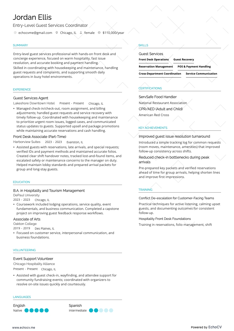 Entry-Level Guest Services Coordinator example resume