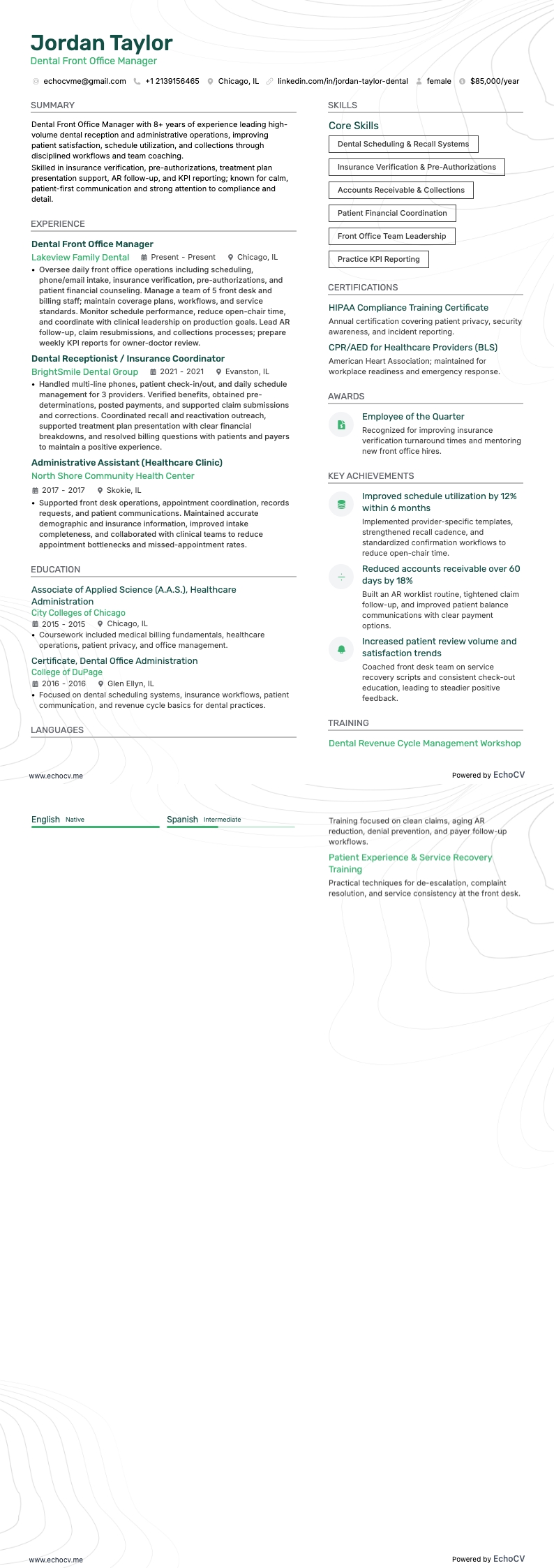 Responsable de l’accueil en cabinet dentaire example resume