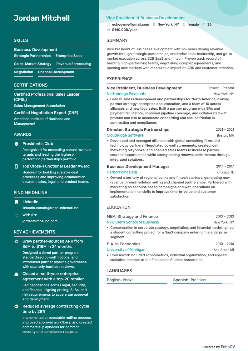 Vicepresidente de Desarrollo de Negocio example resume