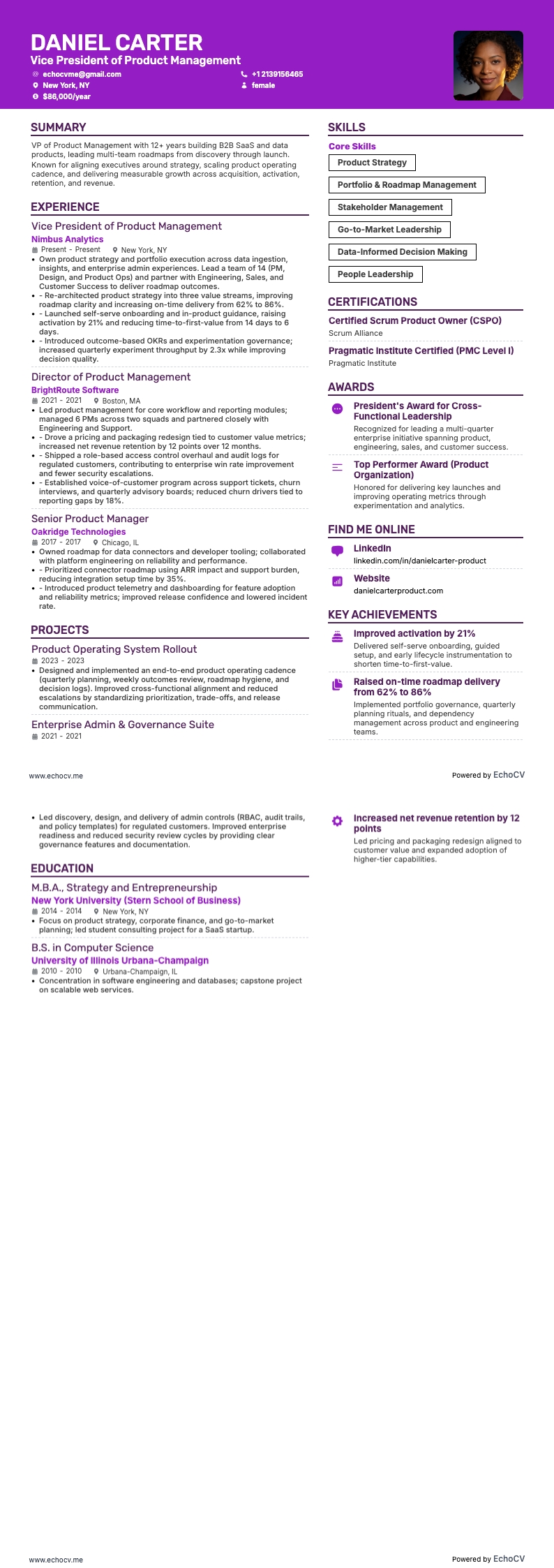 Vicepresidente de Gestión de Producto example resume