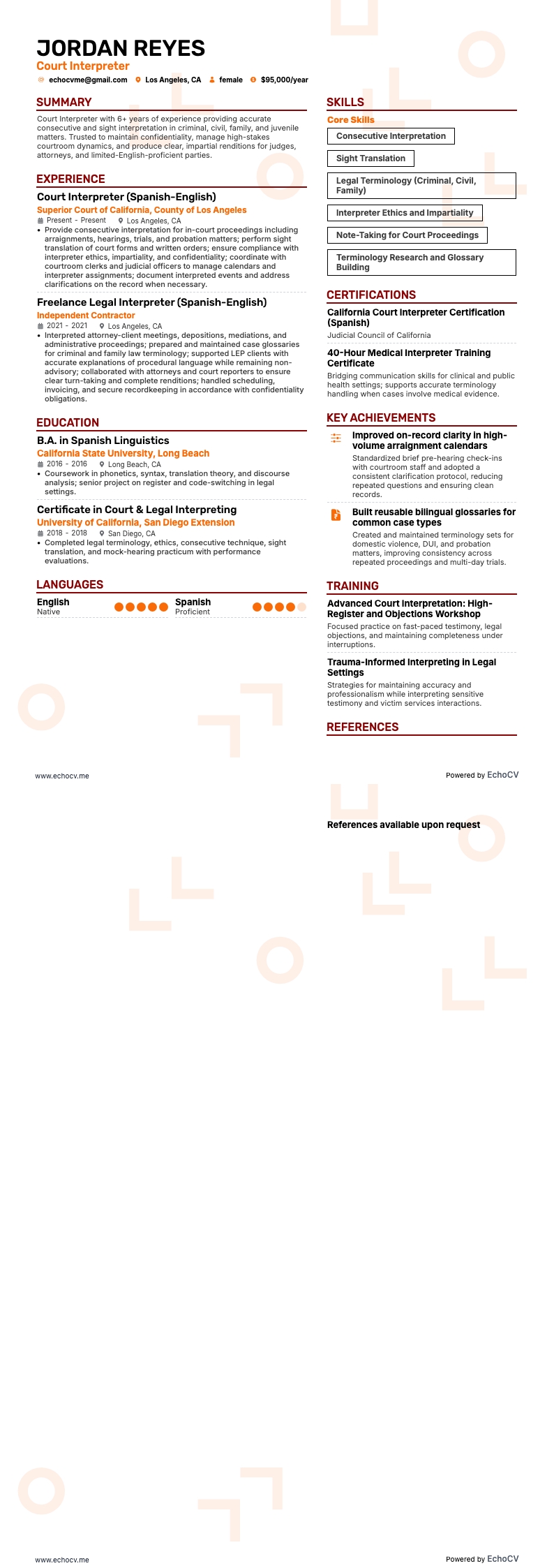 Court Interpreter example resume