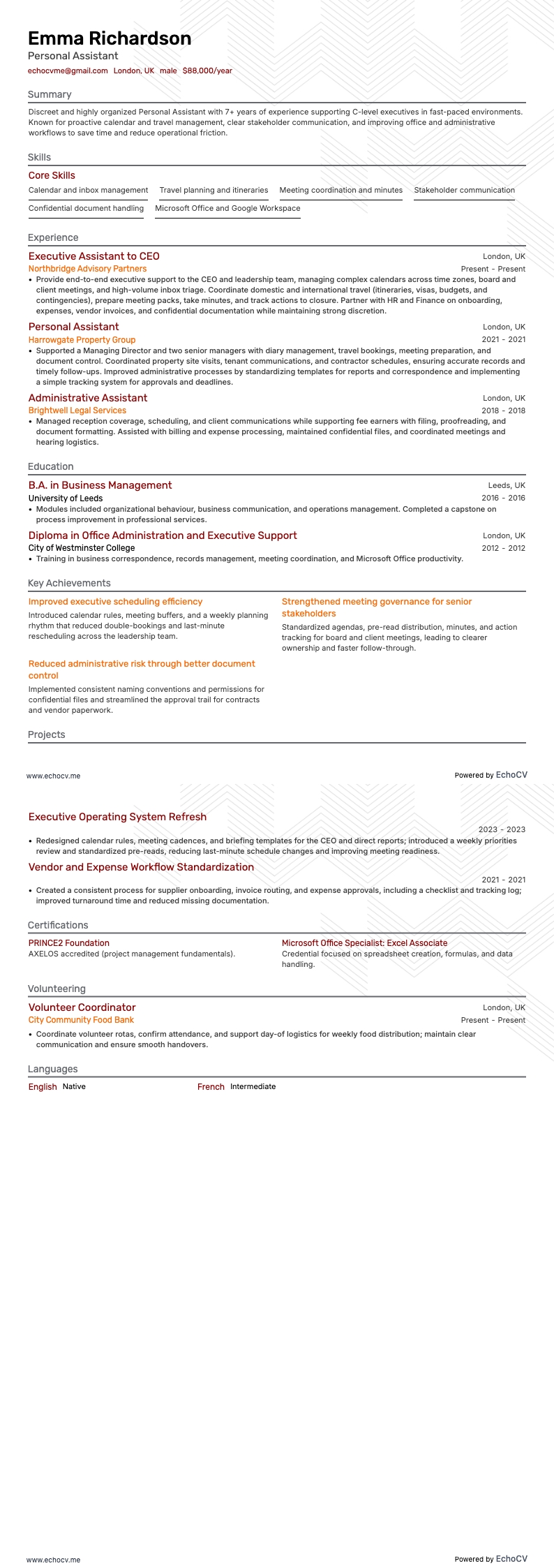 Personlig assistent example resume