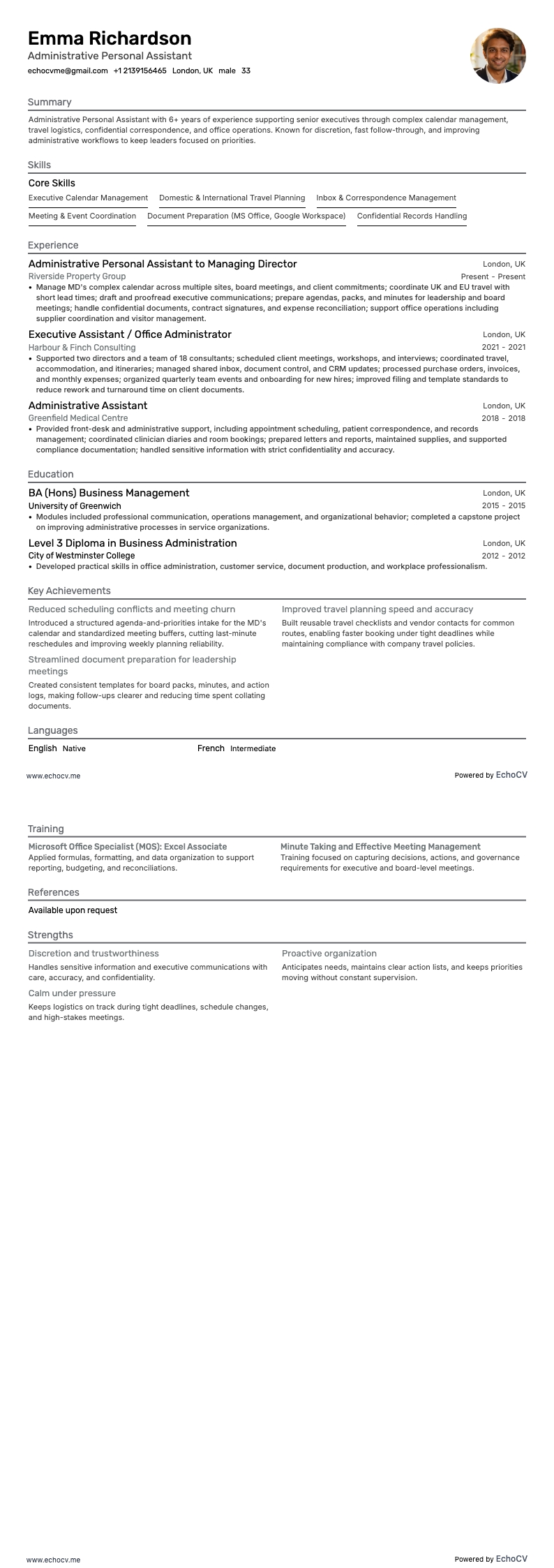 Personlig assistent resume example
