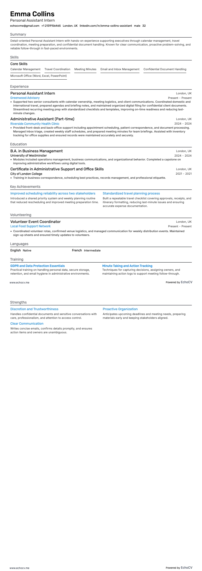 Praktikant som personlig assistent example resume