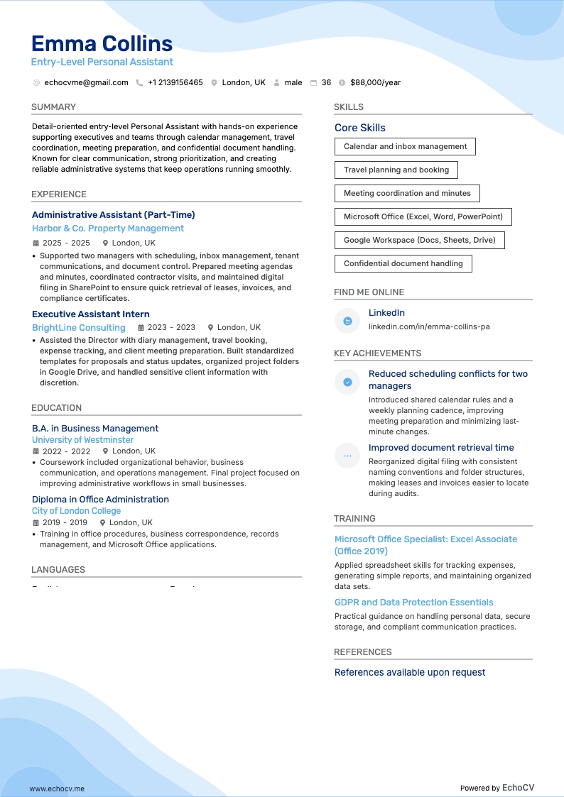 Personlig assistent på ingångsnivå example resume