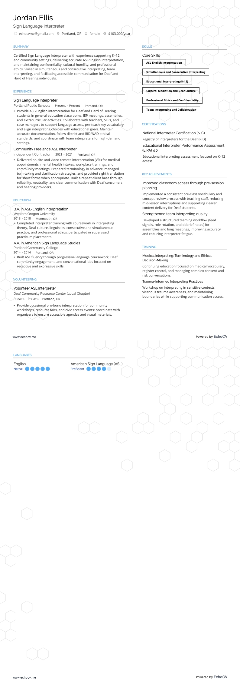 Sign Language Interpreter example resume