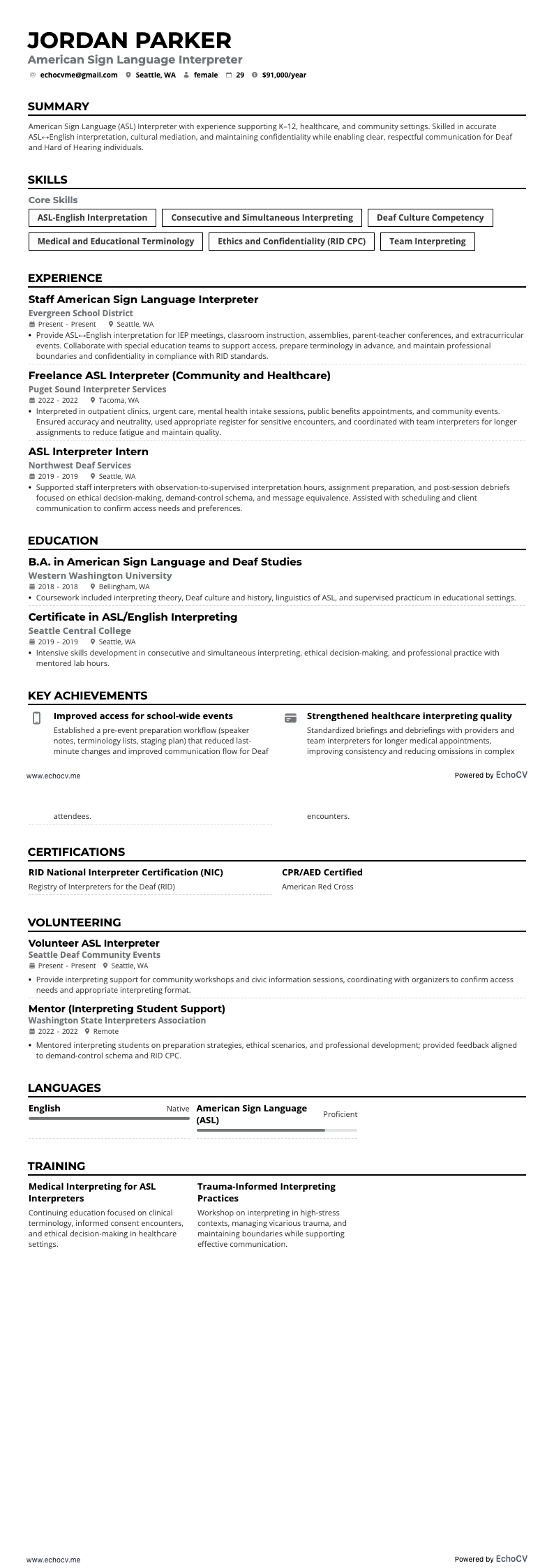 American Sign Language Interpreter example resume