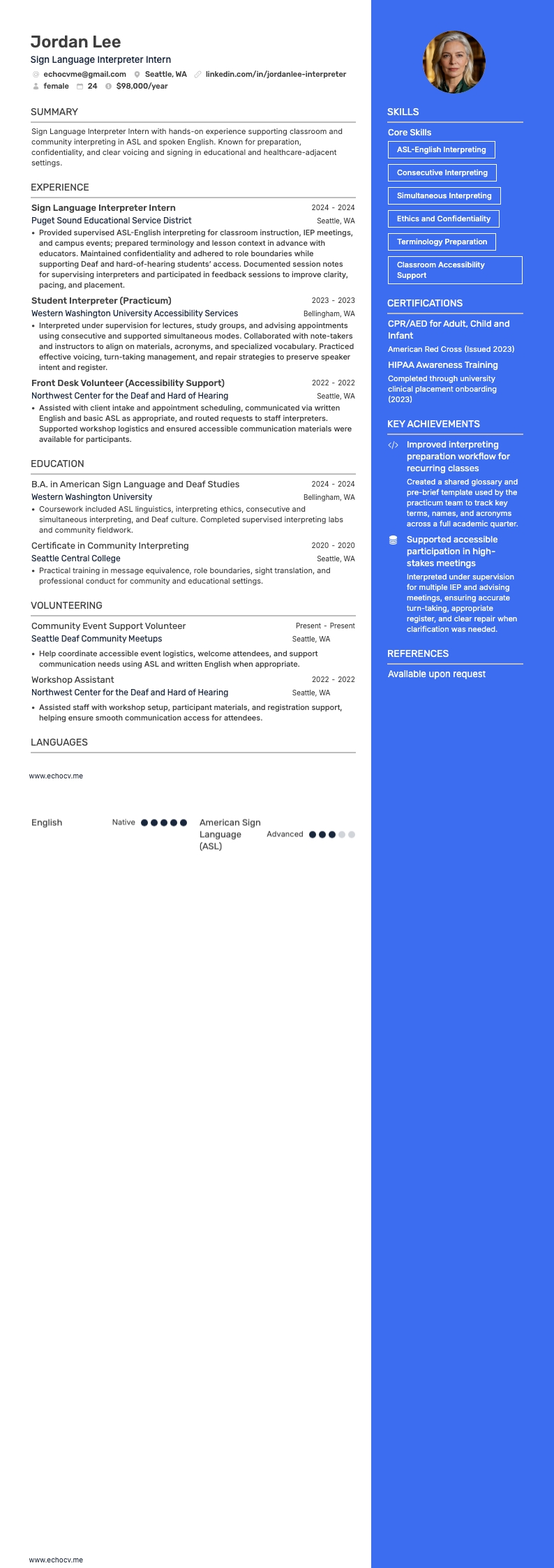Sign Language Interpreter Intern example resume