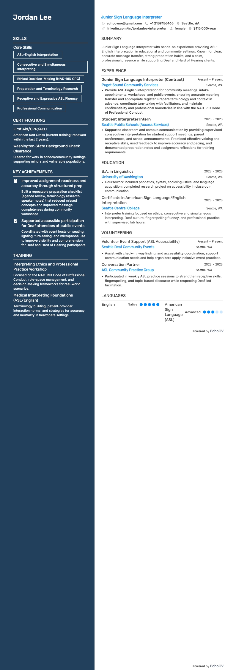Junior Sign Language Interpreter example resume
