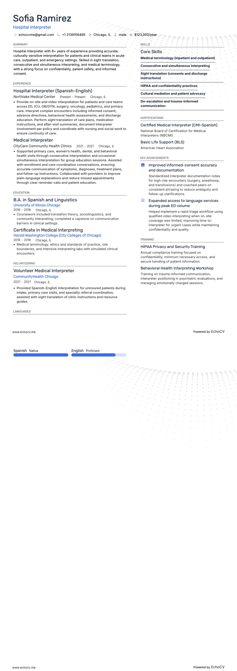 Intérprete hospitalar example resume