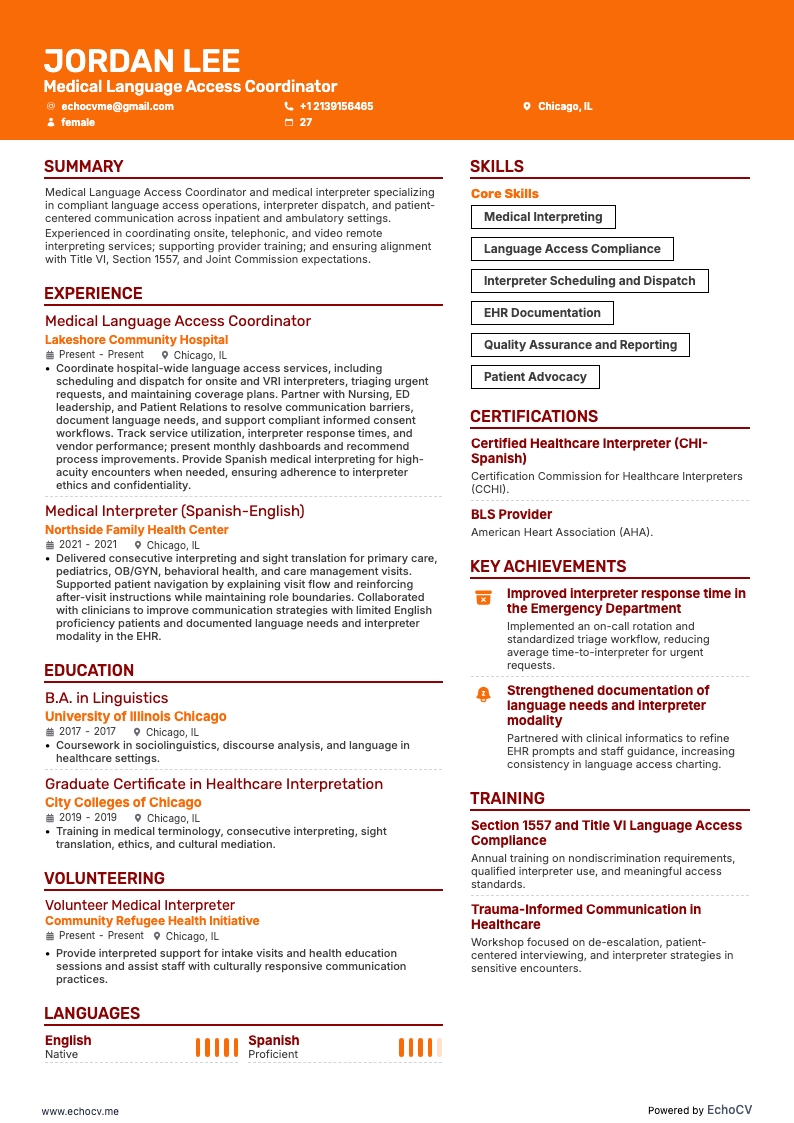 Coordenador de acesso linguístico médico example resume