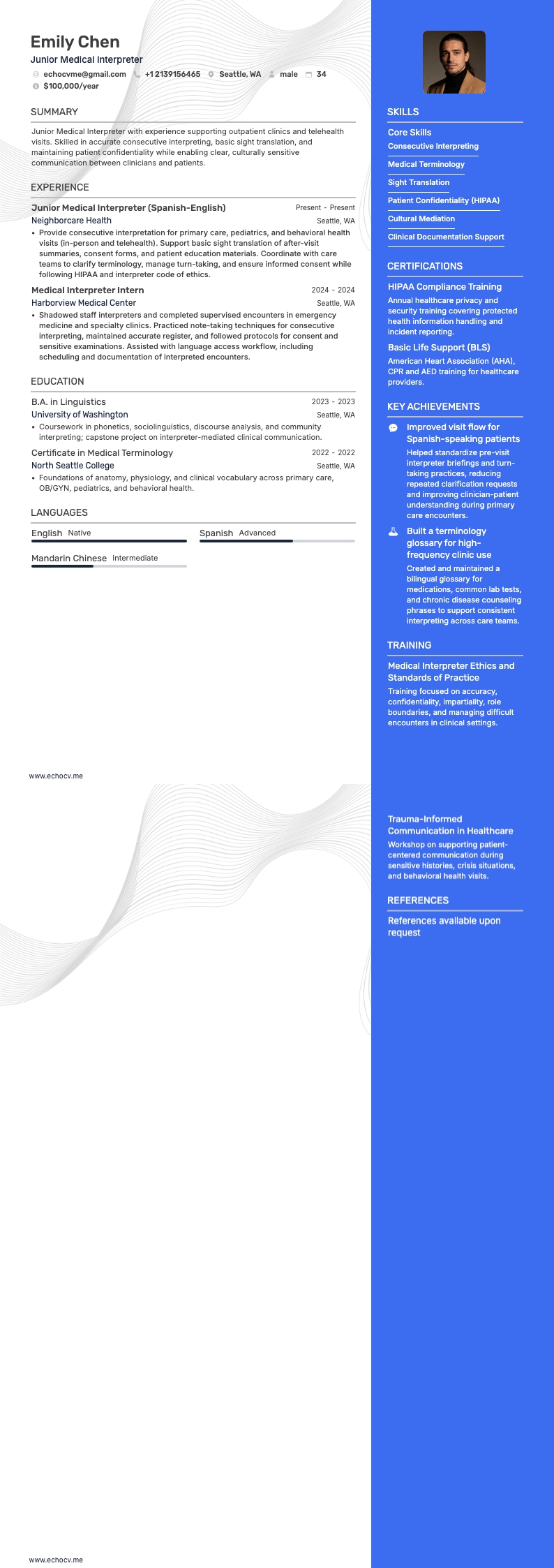 Intérprete médico júnior example resume