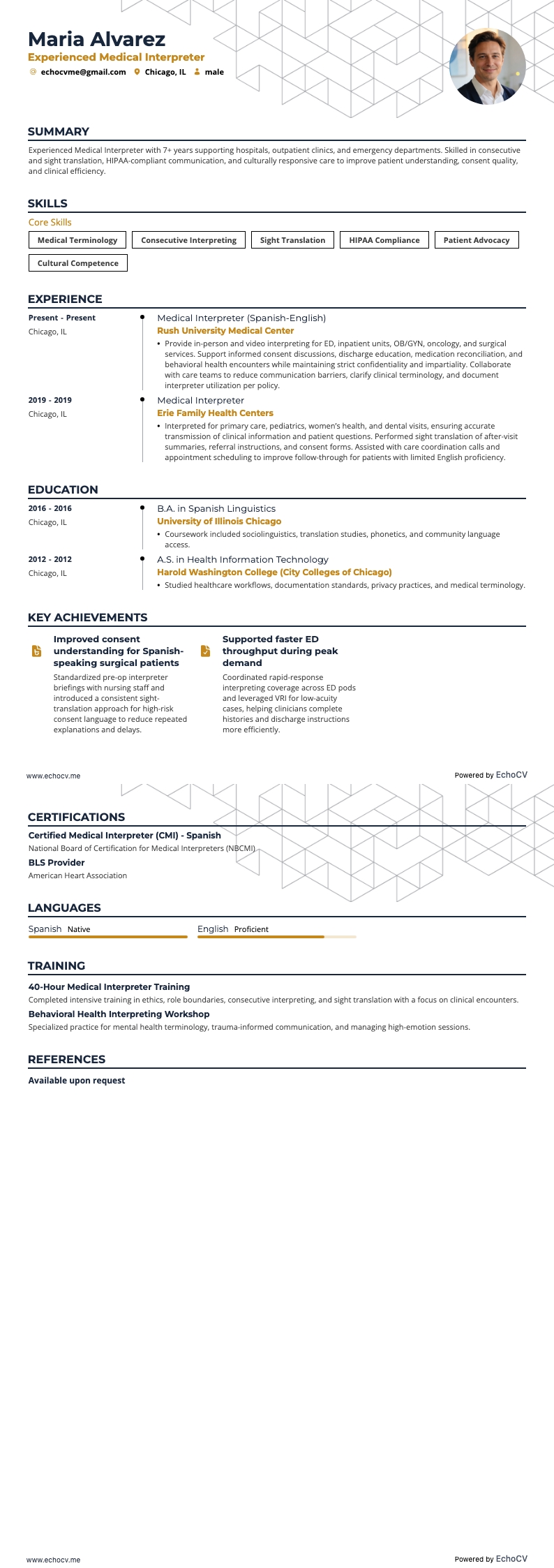 Intérprete médico experiente resume example