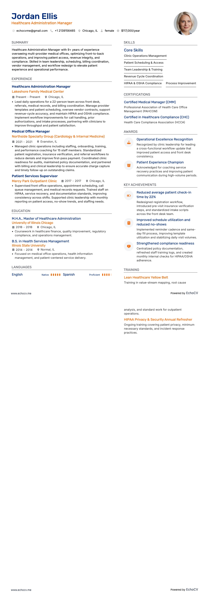 Healthcare Administration Manager example resume