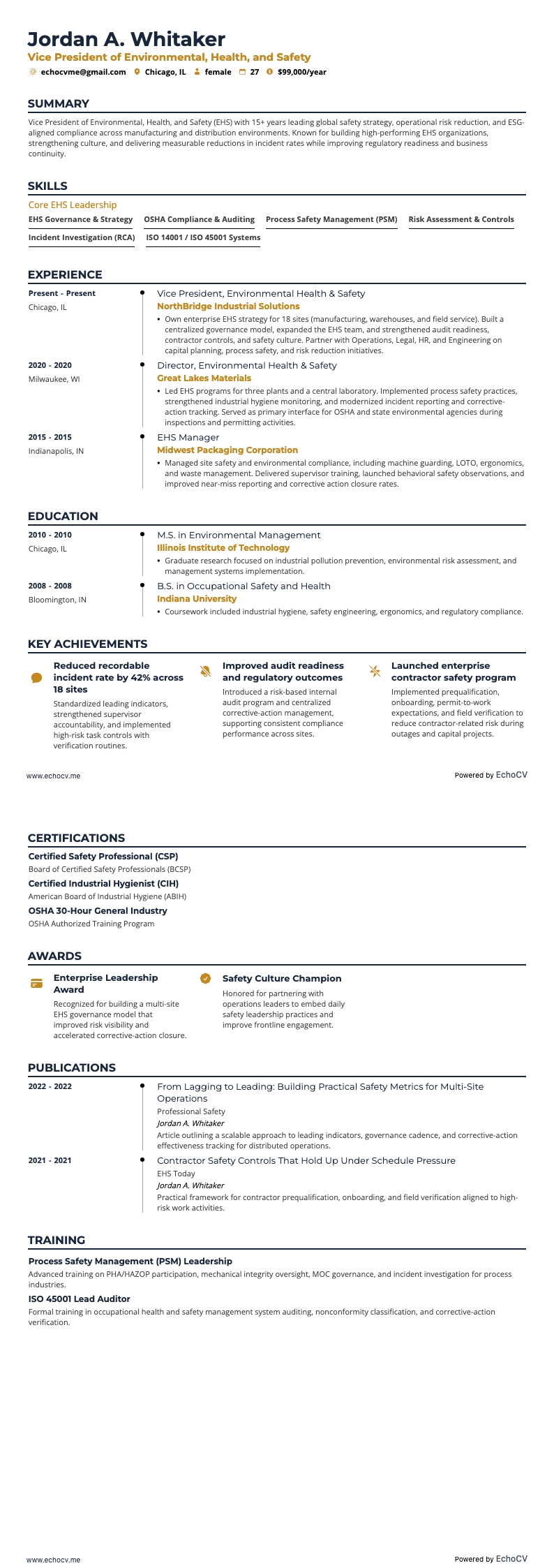 Vicepresidente de Medio Ambiente, Salud y Seguridad example resume