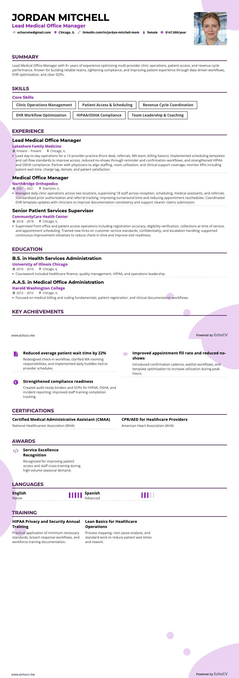 Lead Medical Office Manager example resume