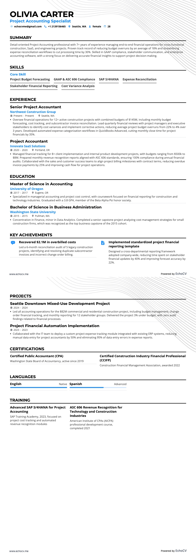 プロジェクト会計 example resume
