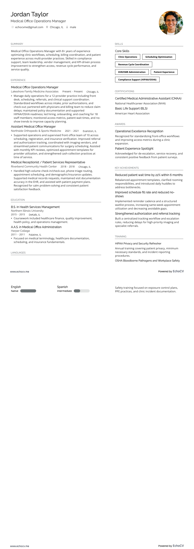Medical Office Operations Manager example resume