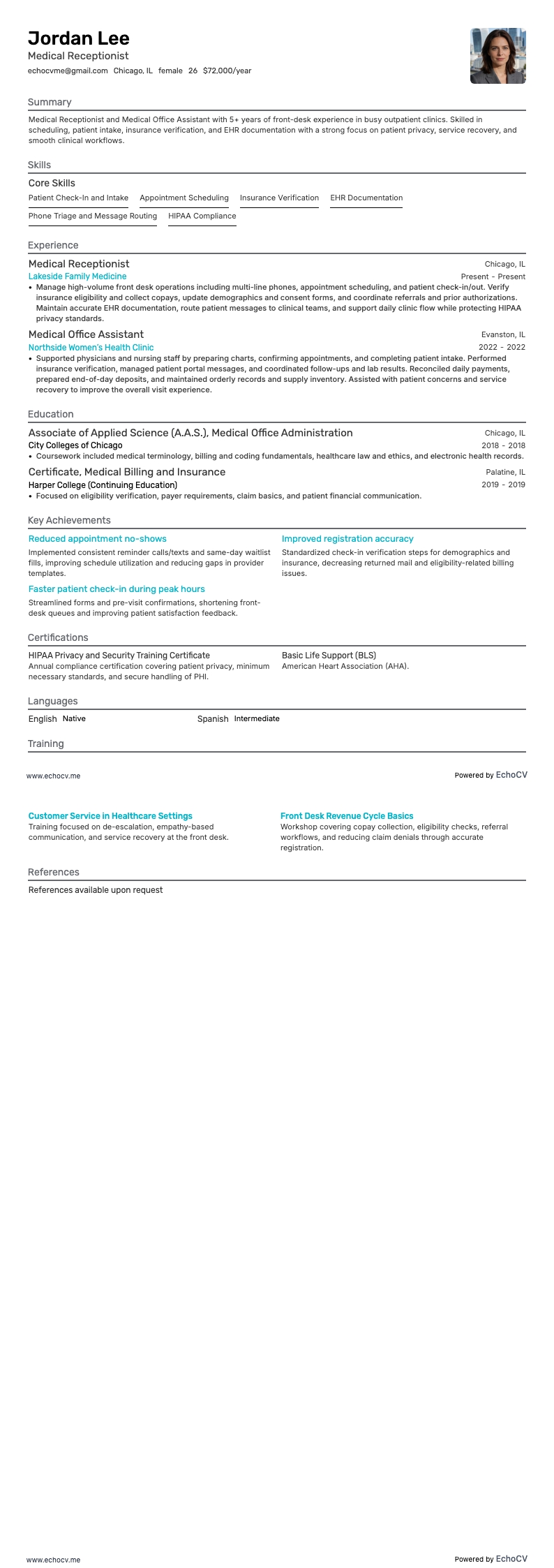 Medical Receptionist example resume