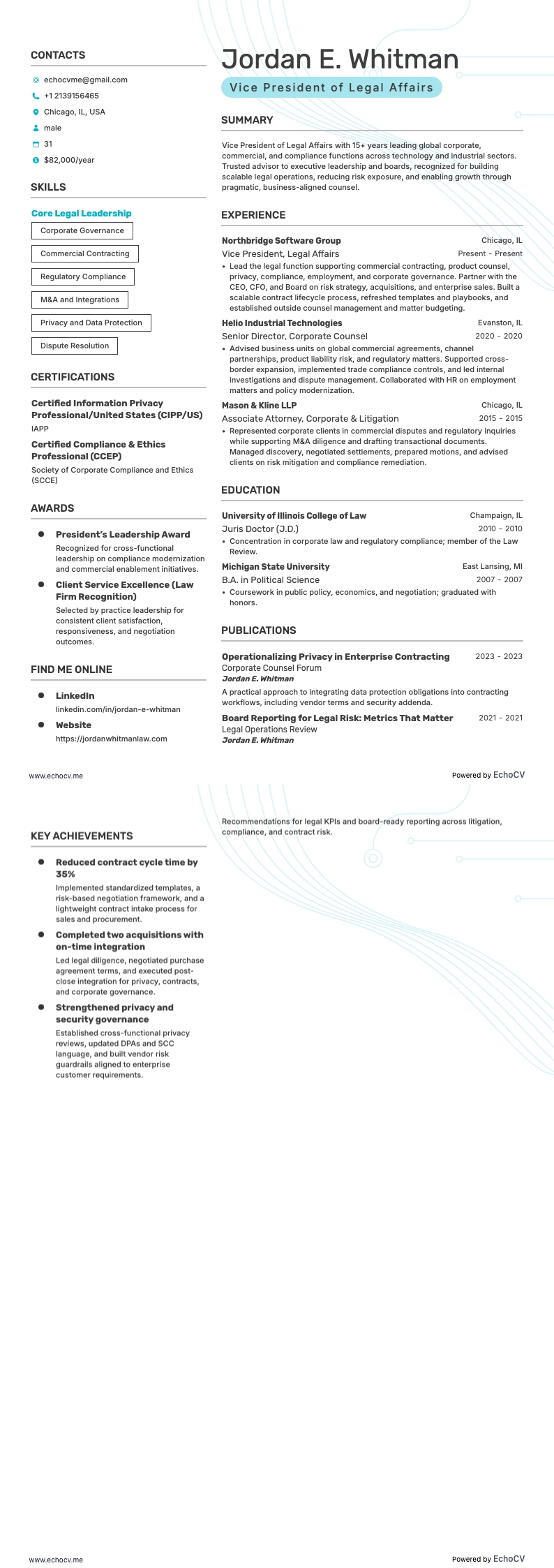 Vicepresidente de Asuntos Legales example resume