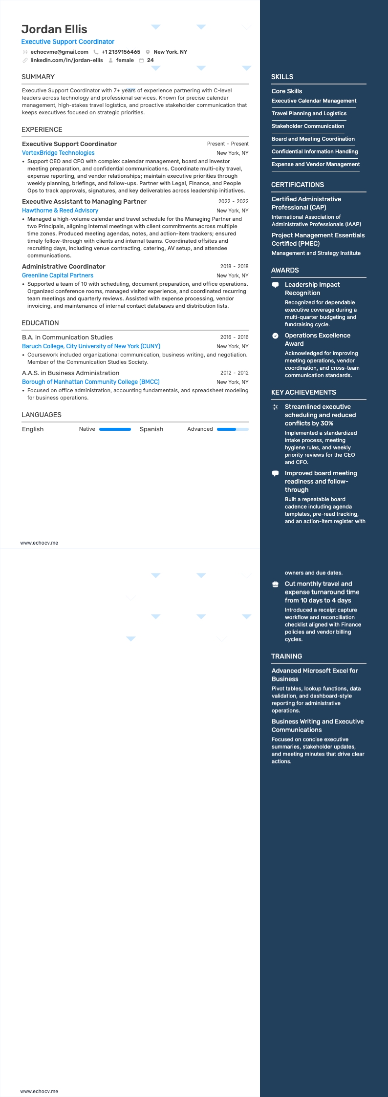 Executive Support Coordinator example resume