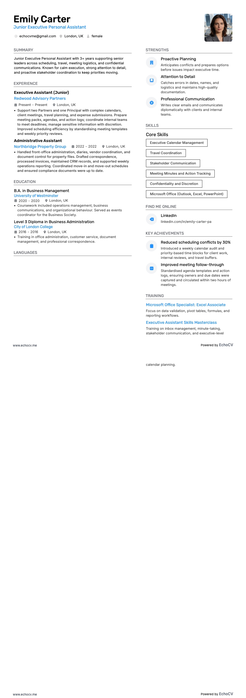 Junior Executive Personal Assistant example resume