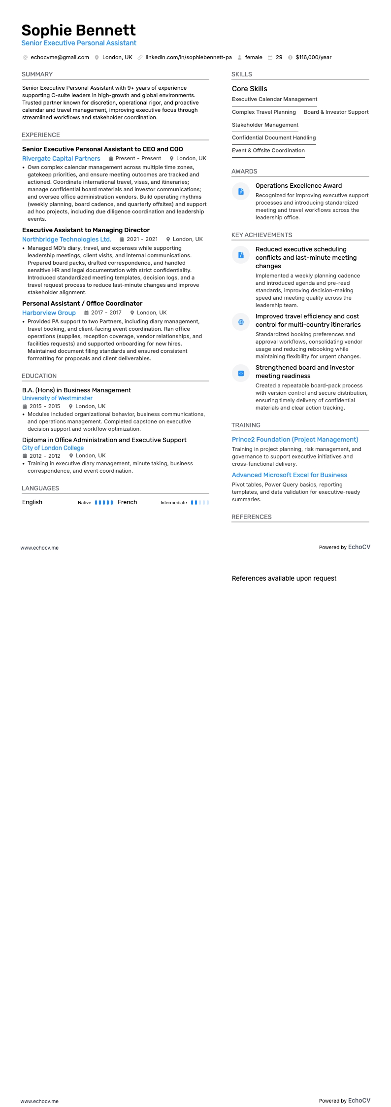 Senior Executive Personal Assistant example resume