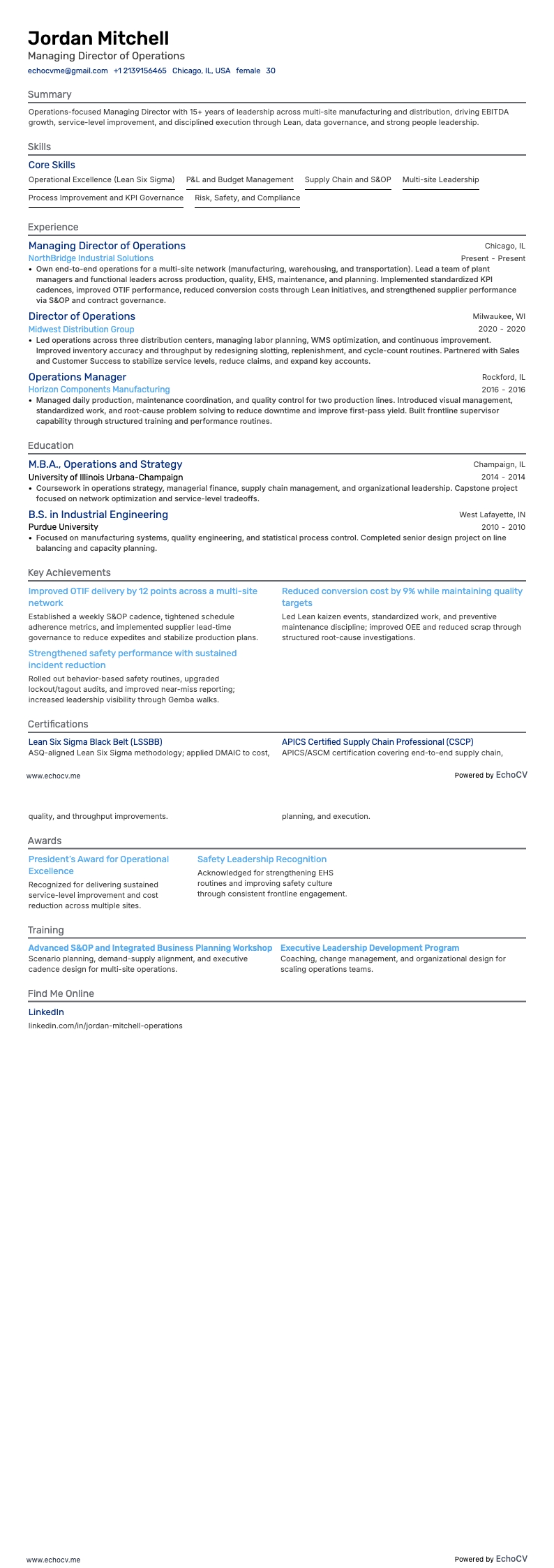 运营总经理 example resume