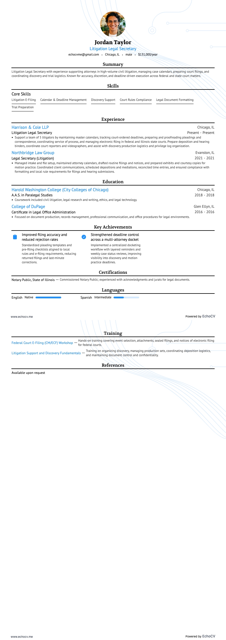 Secretário(a) jurídico(a) de contencioso resume example