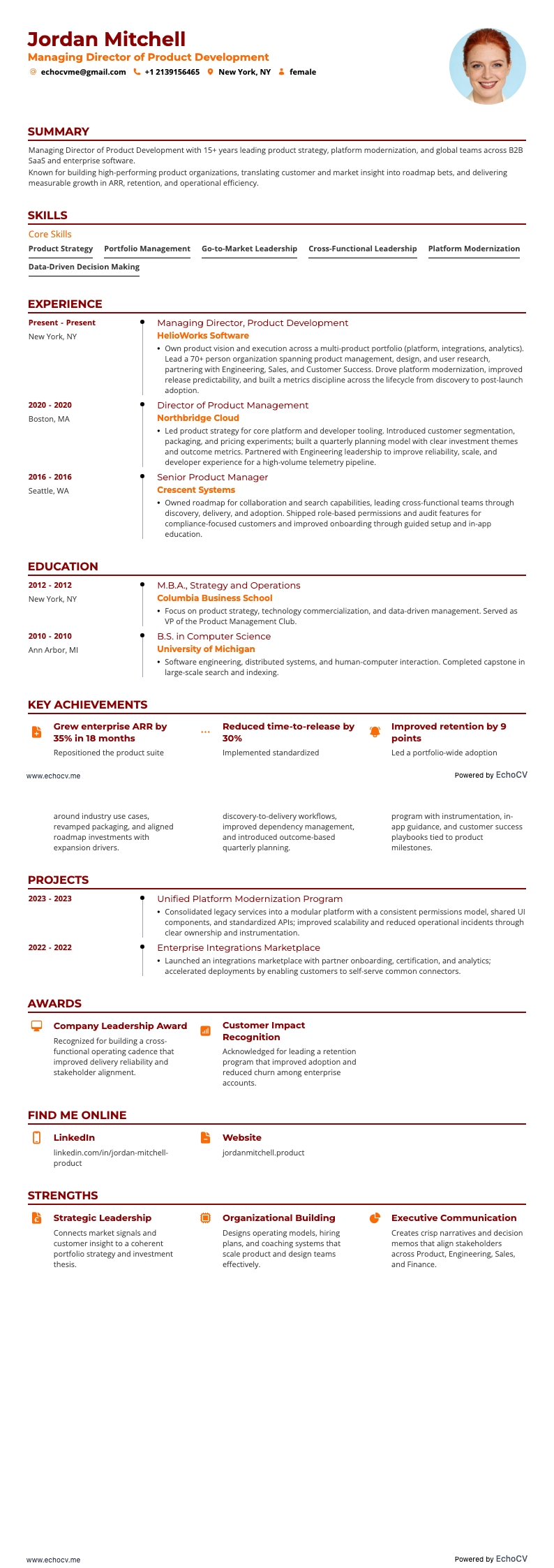 产品开发董事总经理 example resume
