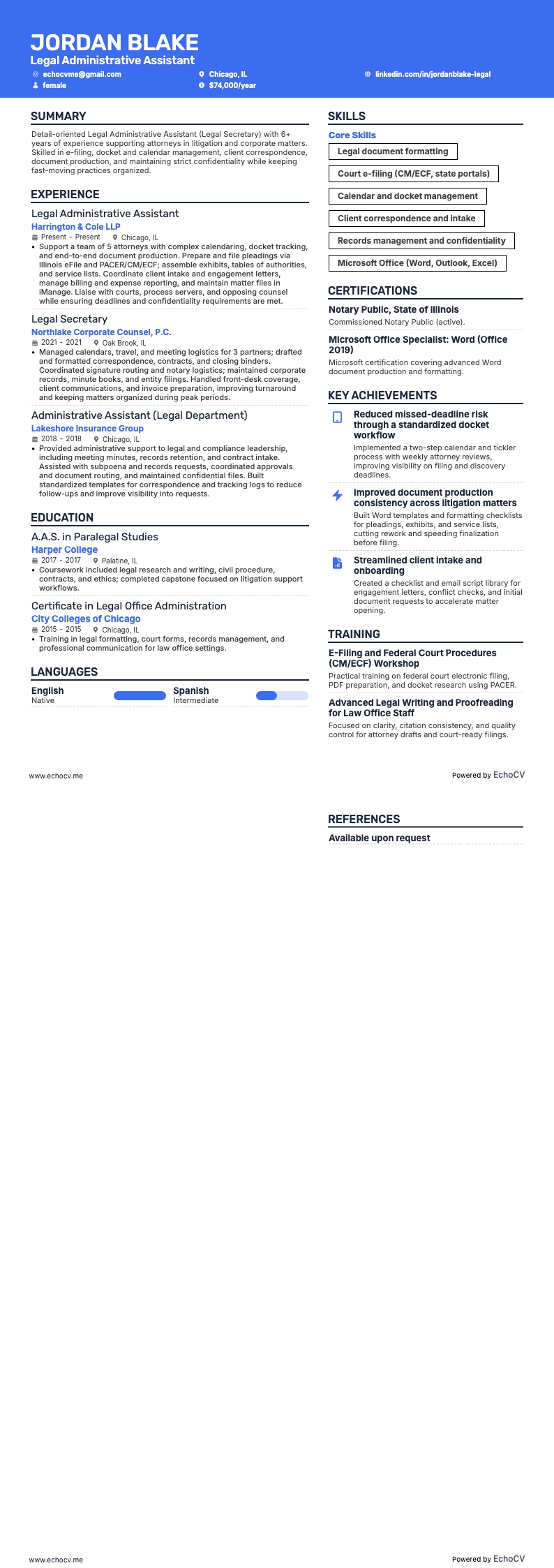Assistente administrativo jurídico example resume