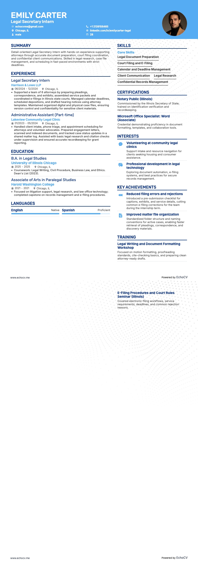 Estagiário(a) de secretariado jurídico example resume