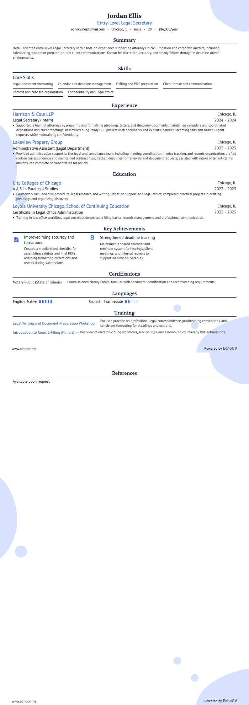 Secretário(a) jurídico(a) júnior example resume